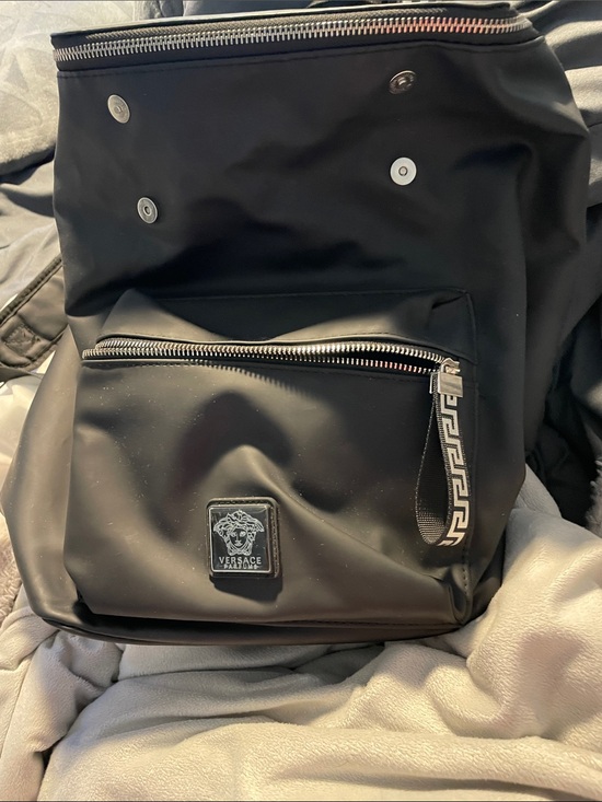 Versace Handbags - Versace parfums Black Nylon Backpack with Greek Key Zipper Pull